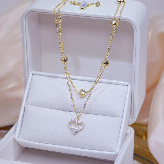 14K Gold Plated Double Hearth Necklace with Zirconia 