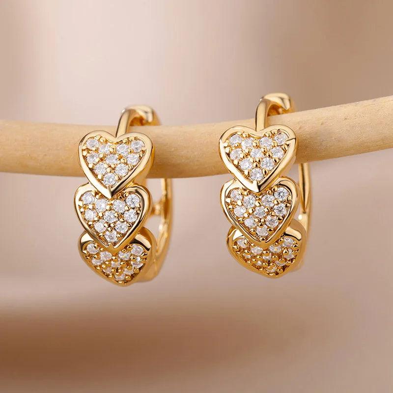 3 Hearts Hoop Earrings in 18K Gold and Zirconia