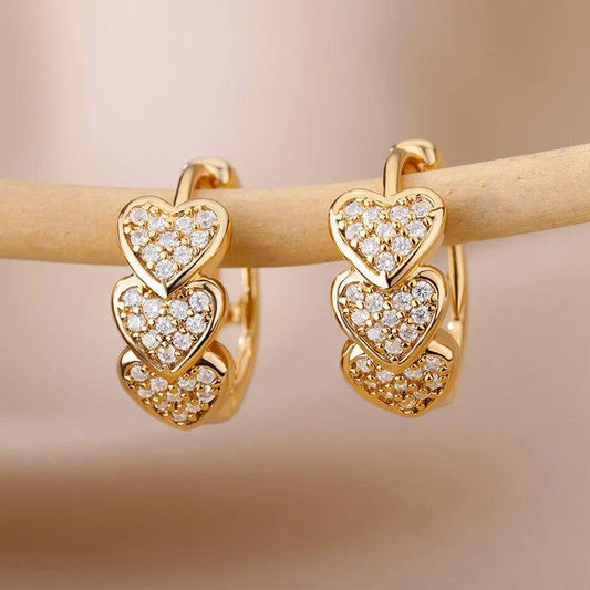 3 Hearts Hoop Earrings in 18K Gold and Zirconia